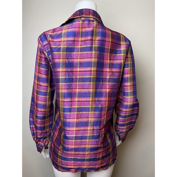 N91. Silk Lore Silk Shirt M Plaid Multicolor Blouse Long Sleeve Collared Button - Picture 4 of 8